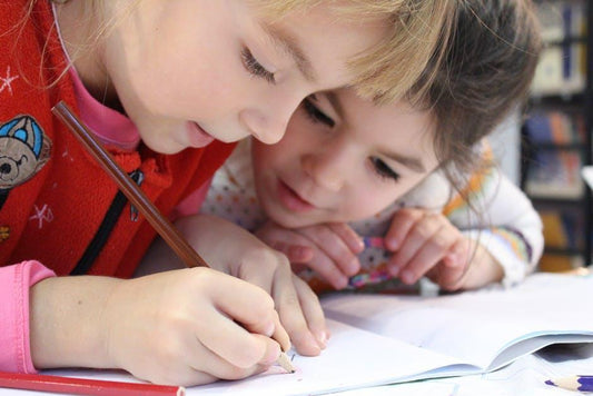 Two small girls doing homework together.