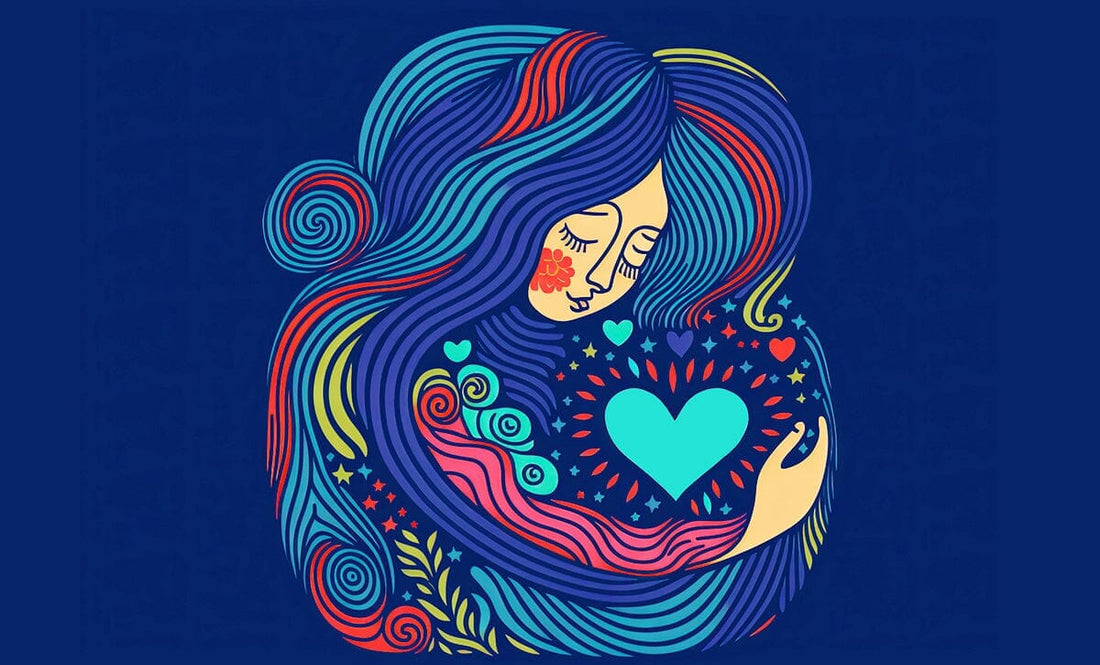 Illustration of woman hugging self with heart in center